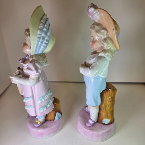 Vintage Bisque Boy & Girl Umbrella Figurines Porcelain 10-11" Pair Collectible - Picture 12 of 14